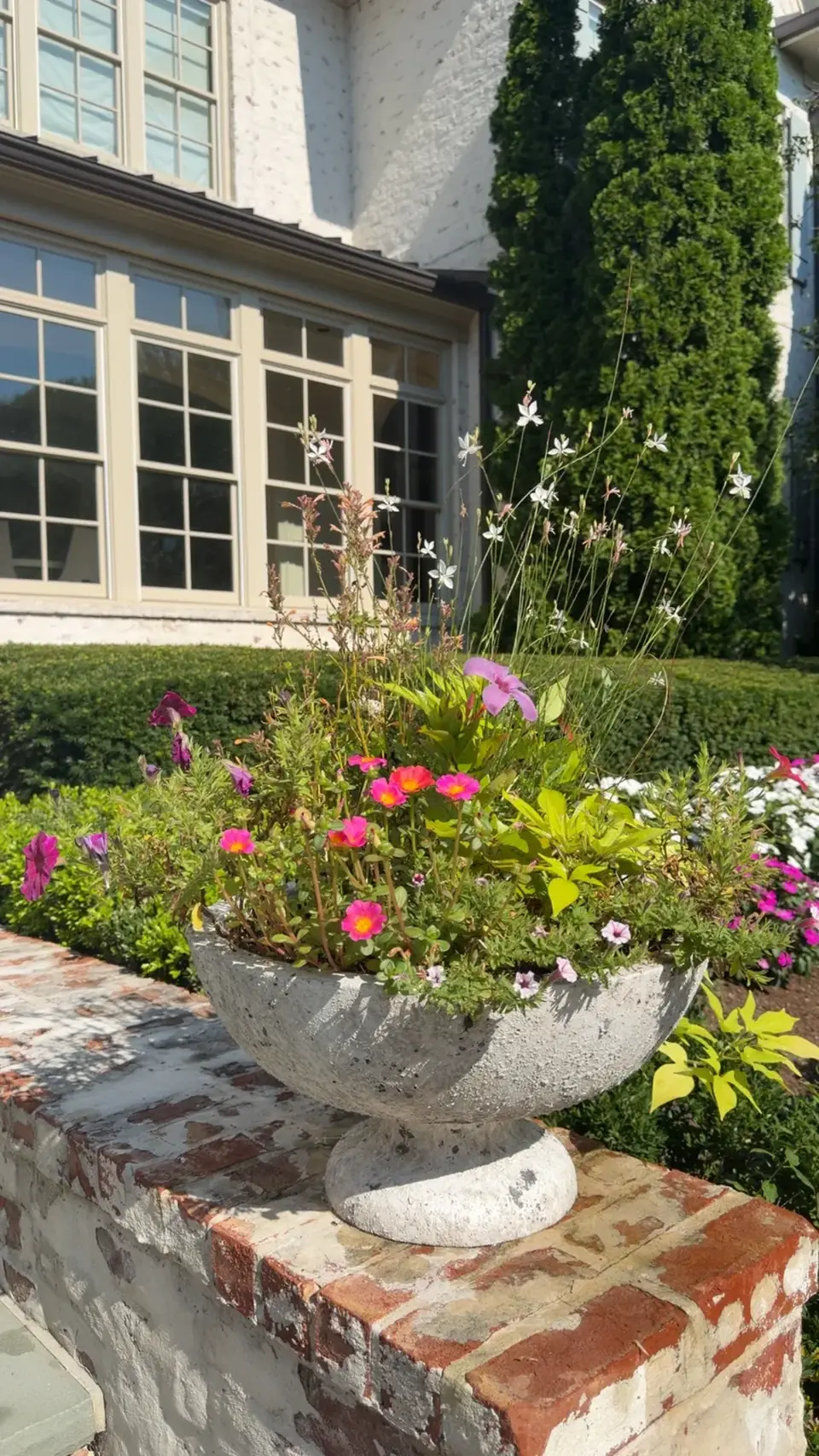 Stone pedestal bowl with pink portulaca, petunias, and airy white gaura on a brick garden wall.